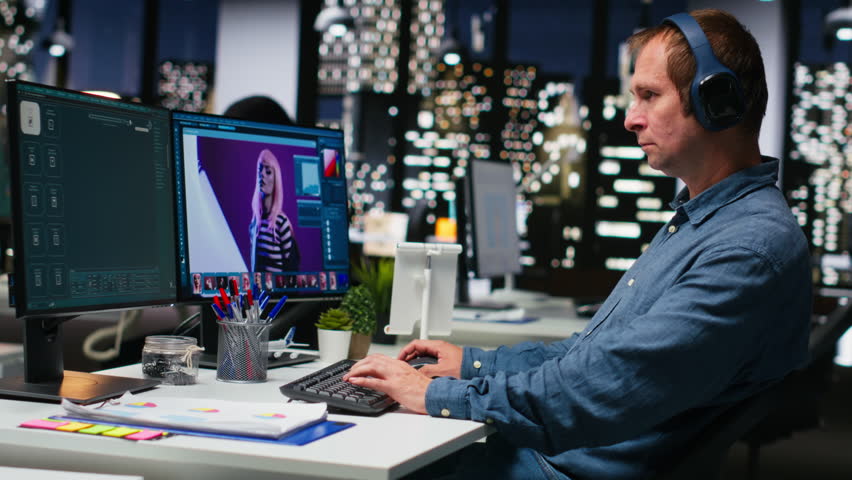Graphic developer working with photo editing software at the office, digital media production with professional tools. Dual monitors for productivity in the graphic design industry. Camera B.