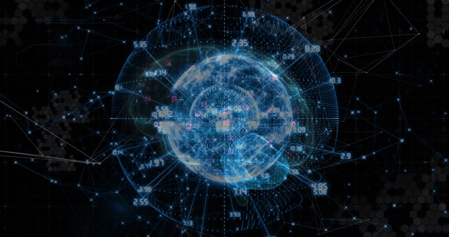 Incoming data arriving, data sphere brightening, rotating, linking nodes to show network activity. Holographic, orb, wireframe, pointcloud, concentric, orbital, neon