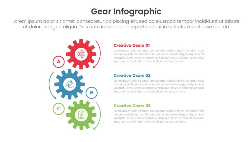 Gear shape infographic 3 point stage template with vertical stacked list slide from left and right video animation or animated