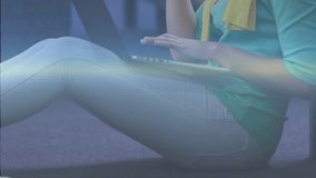 Woman typing on laptop in library, initiating charts and code overlays highlighting data analysis. Focus, analytics, visualization, computer, study, concentration, quiet - Powered by Shutterstock - Get 15% off with code: PIKWIZARD15