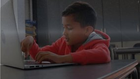 Student typing on laptop in classroom, initiating animated charts and map overlays for education. Boy, computer, learning, edtech, focus, data, visualization - Powered by Shutterstock - Get 15% off with code: PIKWIZARD15