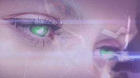 Adult female focusing left eye while camera framing and HUD reticle expanding for tech scanning. Holographic, interface, scifi, overlay, circuitry, glow, neon - Powered by Shutterstock - Get 15% off with code: PIKWIZARD15