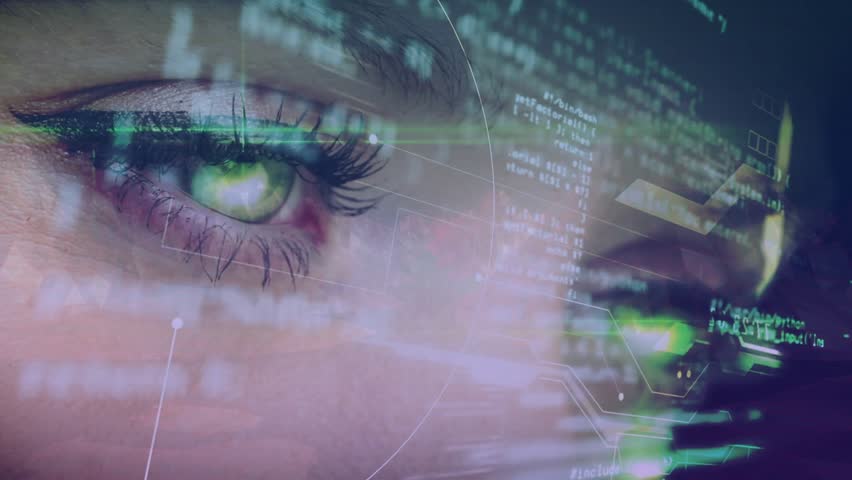 Adult woman holding gaze while holographic code appearing and HUD scanning iris for biometric ID. Eye, promo, neon, futuristic, tech, studio, overlay