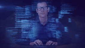 Dev typing at keyboard, starting blue hologram code and enveloping hands, visualizing data flow. Programmer, solo, workstation, glow, neon, futuristic, cyber - Powered by Shutterstock - Get 15% off with code: PIKWIZARD15