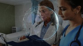 Holographic data sweeping ward initiating senior clinician consulting clipboard and mentoring nurse. Hospital, scrubs, stethoscope, chart, bedside, collaboration, analytics - Powered by Shutterstock - Get 15% off with code: PIKWIZARD15