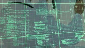 Male physician with stethoscope leaning over glass, writing as HUD code prompts, turning smiling. Medical, doctor, clinic, technology, interface, holographic, display - Powered by Shutterstock - Get 15% off with code: PIKWIZARD15