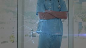 Doctor standing by window blue streaks starting on chest helix rising HUD displaying IDENTITY. Physician, stethoscope, holographic, biometrics, futuristic, hospital, urban - Powered by Shutterstock - Get 15% off with code: PIKWIZARD15
