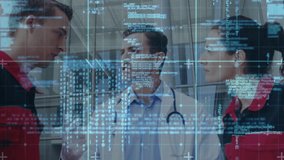 Clinic doctor speaking, pointing clipboard, two techs leaning, deciding, holo data animating plan. Holographic, collaboration, stethoscope, corridor, glass, futuristic, healthcare - Powered by Shutterstock - Get 15% off with code: PIKWIZARD15
