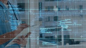 Male medic holding and tapping tablet in clinic, causing data overlay while reviewing records. Doctor, scrubs, stethoscope, interface, digital, holographic, futuristic - Powered by Shutterstock - Get 15% off with code: PIKWIZARD15