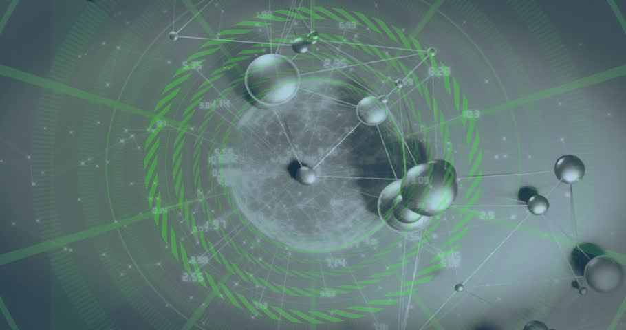 Central target pulsing, molecular nodes connecting orbiting while HUD updating, displaying data. Neon, green, tunnel, scifi, 3d, network, spheres