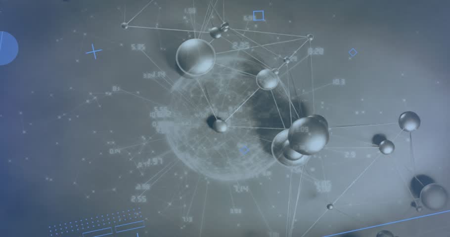 Molecular network on data pulse rotating and spreading, visualizing links over textured orb HUD. Spheres, filaments, globes, particles, interface, futuristic, digital