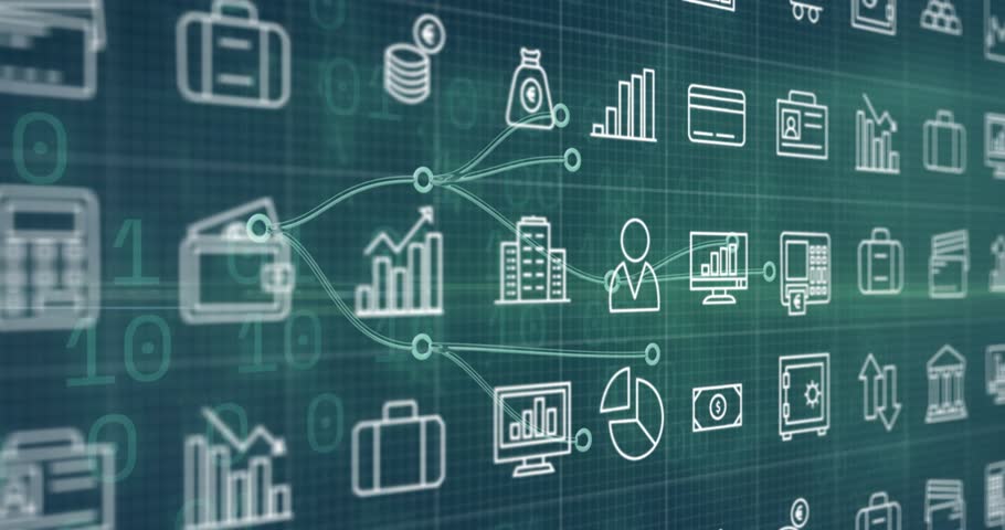 Light-flare starting sweep, icon-grid shifting, nodes pulsing, showing piggy-monitor finance-flow. Dataviz, network, glyphs, parallax, teal, abstract, futuristic