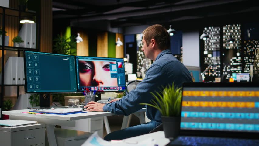 Photography editor using AI chatbot turning text prompt into photos and retouching, adjusting color to ensure professional content for clients. AI powered image editing, creative industry. Camera A.