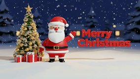 Joyful 3D Santa Claus character waving a greeting next to an illuminated Christmas tree with presents in a magical snowy night scene - Powered by Shutterstock - Get 15% off with code: PIKWIZARD15