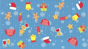 4k animated of festive seamless christmas pattern with icon gifts, Santa hats, sweaters, mittens, bells, stars, gingerbread, and snowflakes on blue background for holiday design. - Powered by Shutterstock - Get 15% off with code: PIKWIZARD15