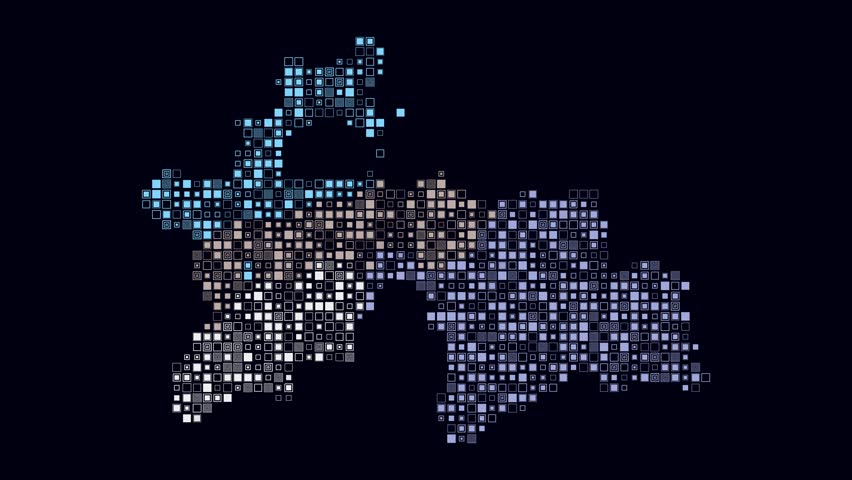 Tajikistan animated country shape. Pulsating colored dots on the map of the country. Small size square blocks. Digital style Tajikistan map on dark background. Simple animation video.