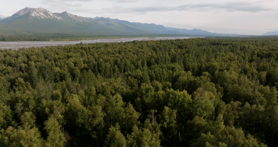 Aerial above dense forest and Susitna River with view of high mountains range in the background, North America