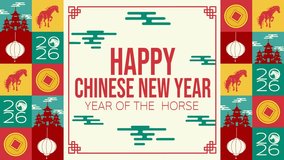 4K looping animation for Chinese New Year 2026 featuring a colorful grid of horses, lanterns, coins, and pagodas framing the main greeting. Ideal for greeting videos, event screens and ads. - Powered by Shutterstock - Get 15% off with code: PIKWIZARD15