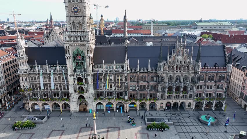 Aerial view on the historical town hall, symbol of the city, on the main square Marienplatz in the center of the city in Munich, Germany, real time