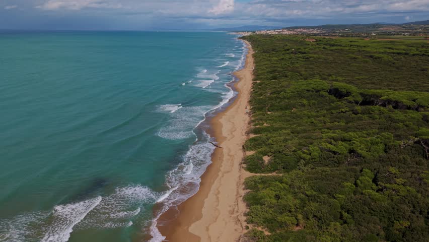 Aerial view of Spiaggia di Rimigliano showing coastline, sand dunes, pine forest and clear waters.