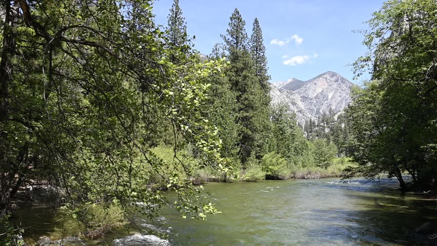 Moving water of the South Fork Kings River flows through Zumwalt Meadow in Kings Canyon National Park in California on a Summer day.