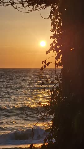 Vertical View of Warm Summer Sun Above Sea Horizon, Slow Motion
