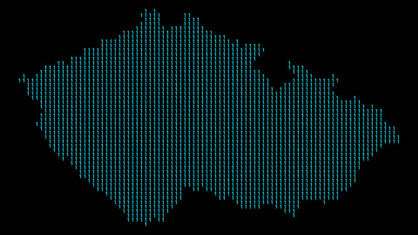 Czech Republic binary code map animation with illuminated borders and data streams on a transparent background.