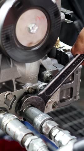 Close-up of a mechanic's hand using a heavy drop-forged wrench to tighten hydraulic fittings on a silver engine or transmission casing, showcasing industrial maintenance work.