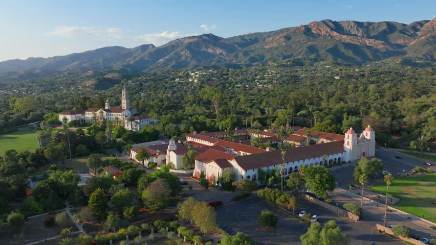 Experience the breathtaking and stunning aerial views of Mission Santa Barbara Cemetery, located in the beautiful and scenic Santa Barbara, California