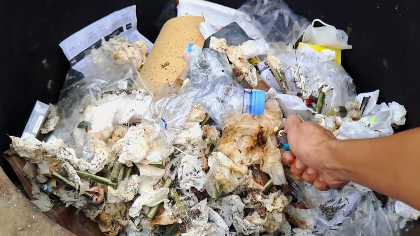 A trash bin filled with paper, plastic bottles, and other waste is on fire, with flames consuming the refuse.