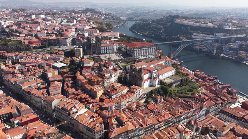 Porto Portugal Cityscape, Drone Shot of Old Town Buildings, Cathedral, Episcopal Palace, Luis I Bridge