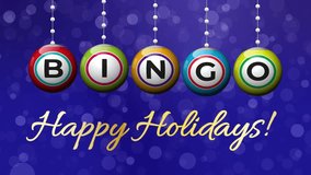 Bingo balls spelling bingo hang as festive ornaments with happy holidays text. Animated video - Powered by Shutterstock - Get 15% off with code: PIKWIZARD15