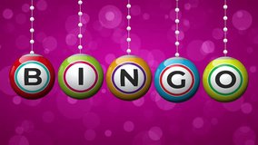 Bingo game balls spelling bingo hanging against a bokeh-filled pink background. Animated video - Powered by Shutterstock - Get 15% off with code: PIKWIZARD15