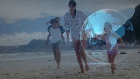 Family running on beach, camera zooming in while CGI globe sweeping overlaying family, for travel. Quartet, coastal, shoreline, waves, ocean, mountains, closeup - Powered by Shutterstock - Get 15% off with code: PIKWIZARD15