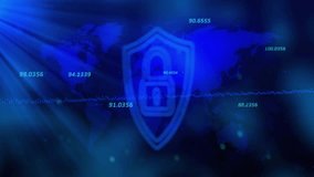 Waveform pulse starting map, shield padlock forming and filling as numbers pulsing, securing data. Lock, emblem, animated, cybersecurity, encryption, futuristic, digital - Powered by Shutterstock - Get 15% off with code: PIKWIZARD15