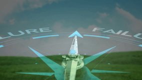 Blue flare initiating metal compass needle rotating to SUCCESS, HUD showing shift from FAILURE. Meadow, overlay, transition, outdoor, minimalist, branding, progress - Powered by Shutterstock - Get 15% off with code: PIKWIZARD15