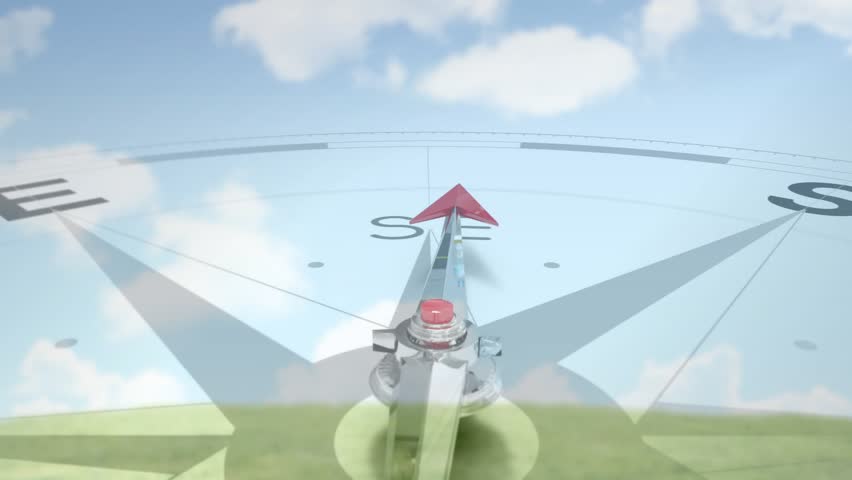 Animation starting, red compass needle pivoting SE to N, overlaying pasture to show bearing shift. Orientation, meadow, sky, horizon, tranquil, minimalist, pastoral