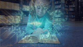 Girl reading book on library rug, turning page starting data lines and neon brain showing education. Child, student, focus, learning, digital, circuit, overlay - Powered by Shutterstock - Get 15% off with code: PIKWIZARD15