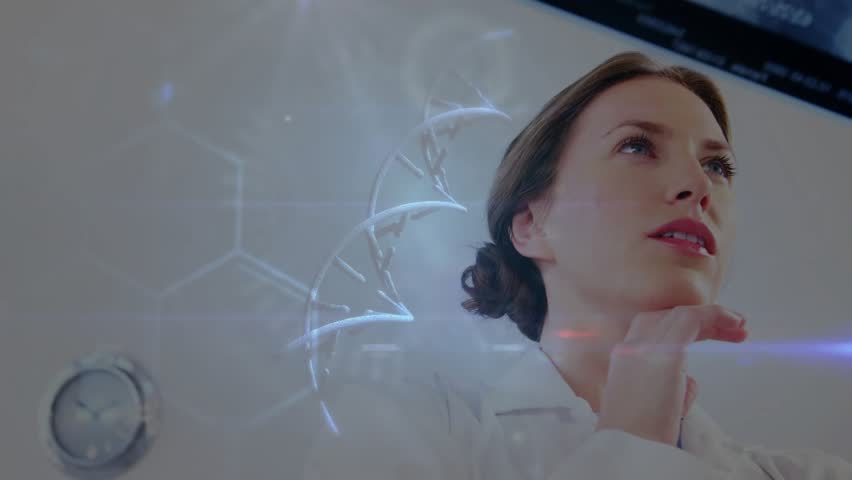Female doctor observing DNA helix fading in with HUD rings, steadying gaze and confirming INNOCENT. Genetics, genomics, laboratory, medical, research, holographic, visualization - Powered by Shutterstock - Get 15% off with code: PIKWIZARD15