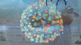 Female doctor stethoscope, rotating data orb appearing over chest, revealing smile, showing data. Visualization, healthcare, clinic, analytics, digital, professional, trust - Powered by Shutterstock - Get 15% off with code: PIKWIZARD15