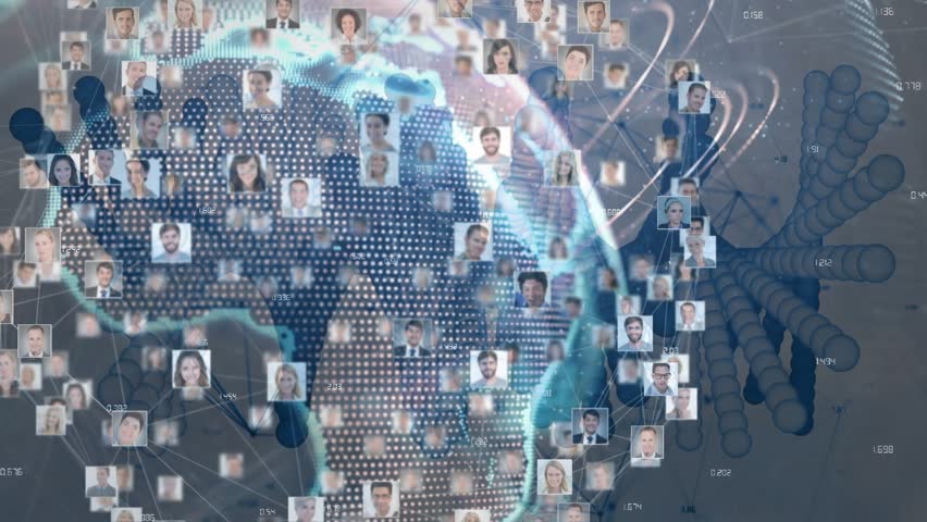 Data feed initiating rotating dotted globe populating user portrait tiles, tracing analytics lines. Global, connectivity, network, avatars, continents, dashboard, visualization - Powered by Shutterstock - Get 15% off with code: PIKWIZARD15