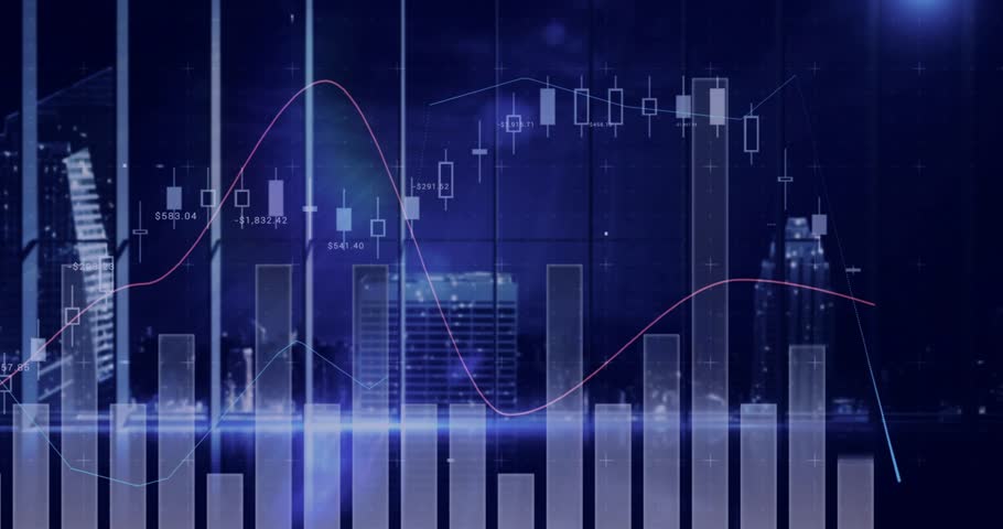 On load finance dash filling bars, emerging candles, pink line waving, representing global markets. Data, visualization, dashboard, cityscape, globe, histogram, neon