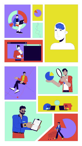 Market insights through graphs, charts and AI animated bento grid layout. Analytics report. Data visualization 2D animation flat cartoon ui collage design. Vertical 4K video motion graphic collection