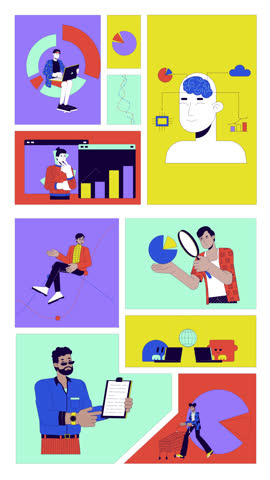 Market insights through graphs, charts and AI animated bento grid layout. Analytics report. Data visualization 2D animation flat cartoon ui collage design. Vertical 4K video motion graphic collection