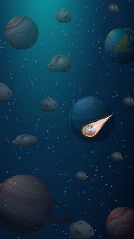 Robot uses arm cannon to blast meteor in deep space, surrounded by asteroids and planets