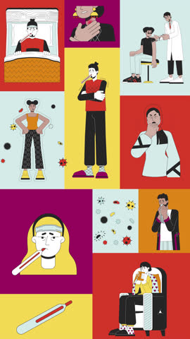 Fever, vaccination and virus prevention bento grid vertical animation. Doctor visit. Illness rest. Flu symptoms collage motion 4K video web design. Animated cartoon characters collection mood board