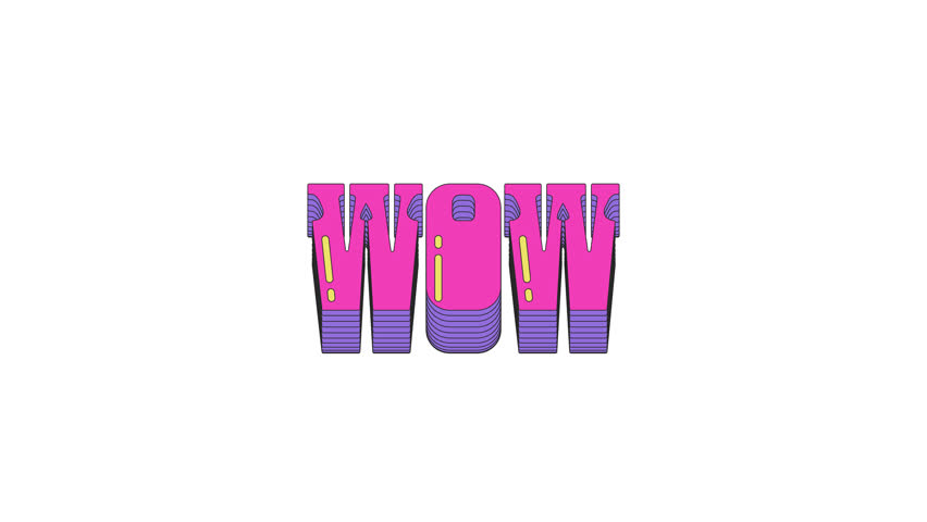Animated word WOW in dynamic vaporwave typography. Shoutout reaction. Exclamation interjection. Excitement. Smooth text animation with layered shadows sliding up and down. Retro wave motion graphics