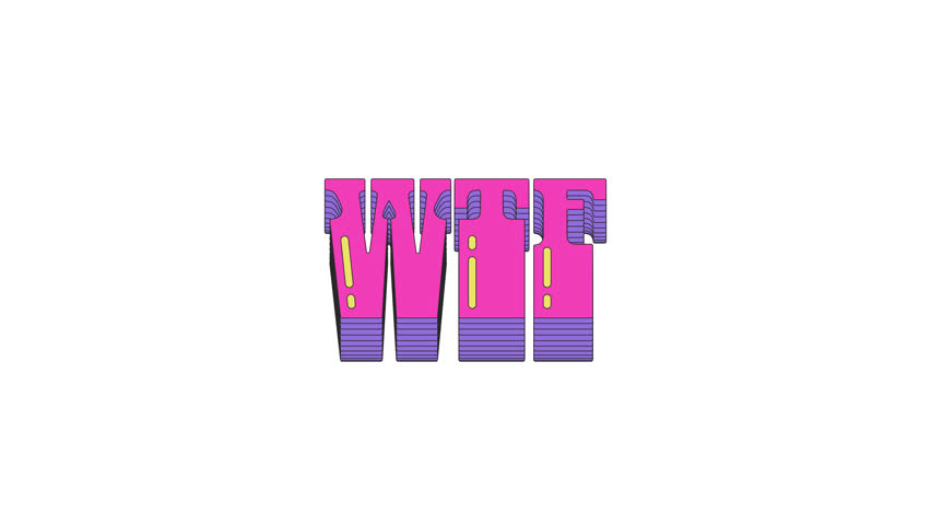 Animated word WTF in dynamic vaporwave typography. What the lingo. Rude abbreviation of disbelief, confusion. Smooth text animation with layered shadows sliding up and down. Retro wave motion graphics