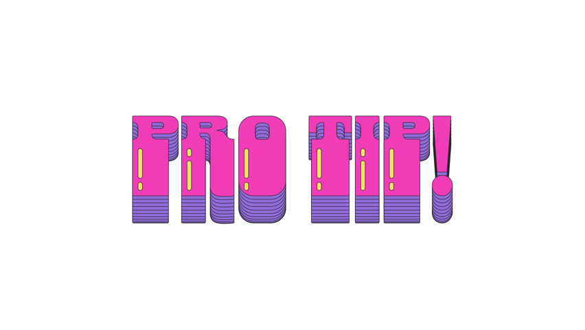 Animated word pro tip in dynamic vaporwave typography. Expert advice. Useful hint. Helpful tutorial. Smooth text animation with layered shadows sliding up and down. Retro wave motion graphics