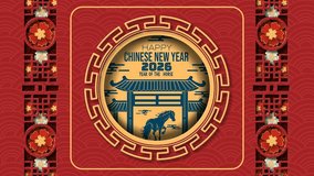 4K looping animation for Chinese New Year 2026 featuring a golden circular frame with a gate and horse illustration, set on a red patterned background with floral and lattice accents. - Powered by Shutterstock - Get 15% off with code: PIKWIZARD15